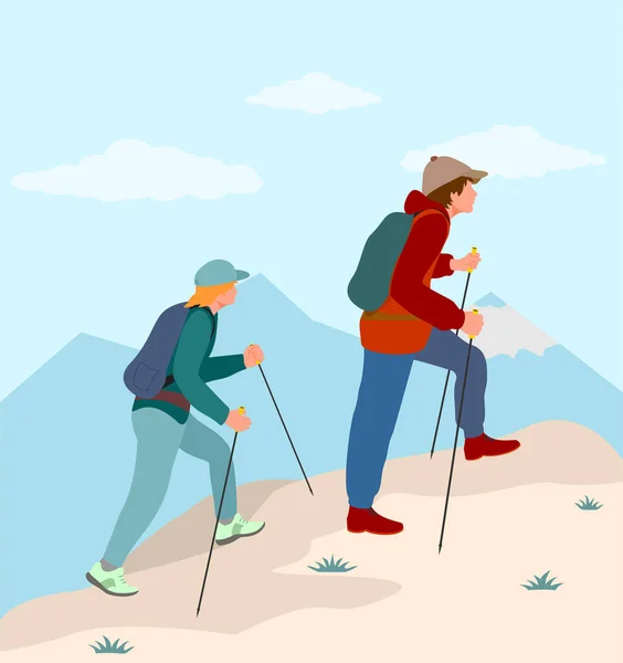 Fond vectoriel avec les touristes. Femme et homme couple randonnée en montagne. Concept de voyage de découverte, d'exploration et d'observation de la nature. Voyager, tourisme, alpinisme, activité, aventure. — Image vectorielle