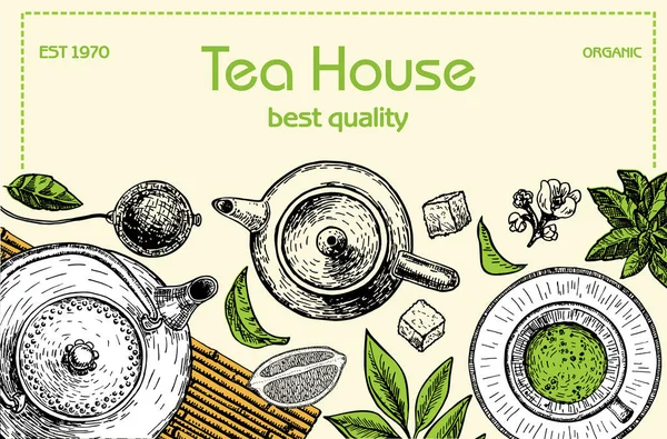 Ilustración del marco de Tea Shop. Diseño de tarjeta vectorial con té. Cartel de la casa de té. Set dibujado a mano vectorial. Dibujo gráfico — Vector de stock