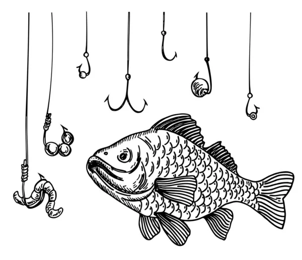 물고기 랑 낚시 바늘도 많고. 손으로 그린 낚시의 상징. 많은 낚시꾼 들 사이에서 물고기가 위험에 처해 있다는 비유. — 스톡 벡터