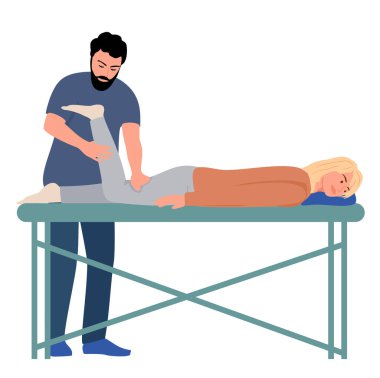 Fizyoterapi rehabilitasyon vektör çizimi. Masaj masasında yatan hasta tedavi görüyor. Yaralı ayak masajı yapıyor. Fiziksel tedavi konsepti.