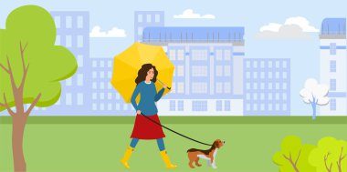 Parkta köpeği olan bir kadın. Açık hava aktivitesi konsepti. Yağmurda köpeği gezdiriyorum. Parlak sarı lastik çizmeli, şemsiyeli bir kız. Vektör illüstrasyonu.
