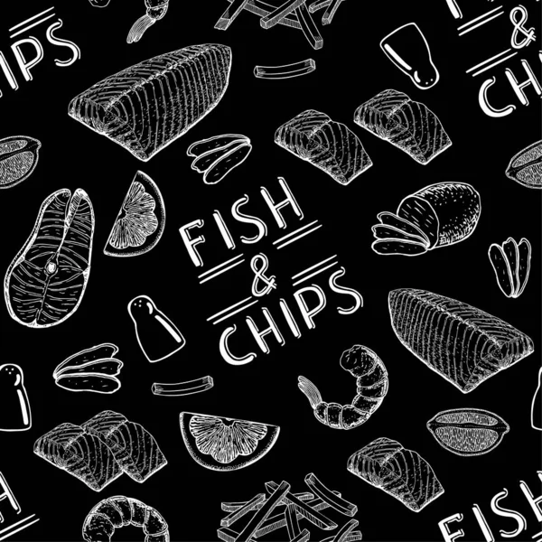 Het beroemde Britse fastfood is fish and chips. Fish and chips naadloos patroon. Engels vis en chips voor fast food en afhaalmenu, wit beeld op zwarte achtergrond. — Stockvector