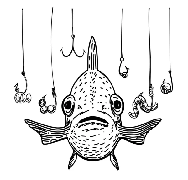 Pescado y un montón de anzuelos. Símbolo de pesca dibujado a mano. La metáfora de que el pez está en peligro entre los muchos ganchos. — Vector de stock