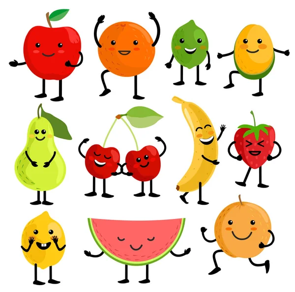 Frutas para crianças. Personagens de frutas bonitos ilustração vetorial, suco saudável desenho animado kawaii frutas de verão isolado no fundo branco — Vetor de Stock