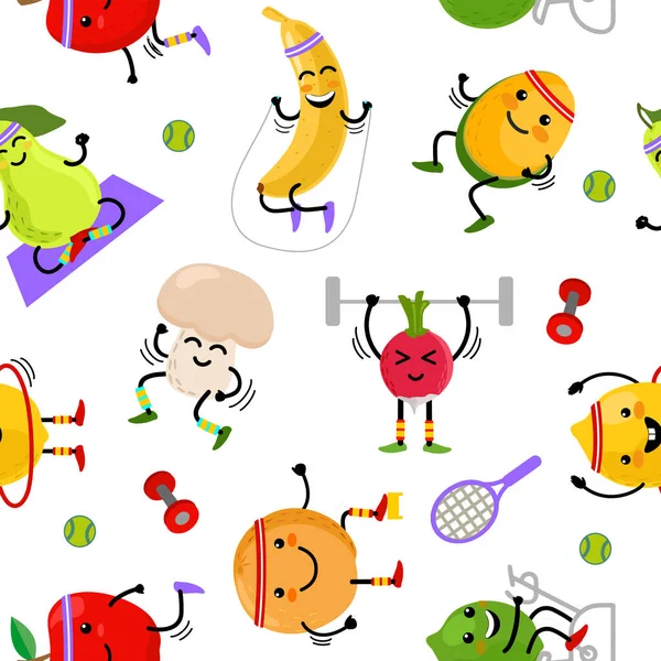 Sada roztomilého ovoce a zeleniny jít na sport. Bezproblémový vzorec. Ovoce a zelenina kreslené postavičky. Zdravé jídlo a fitness. Roztomilé jídlo kreslené postavičky set. Vektorová ilustrace — Stockový vektor