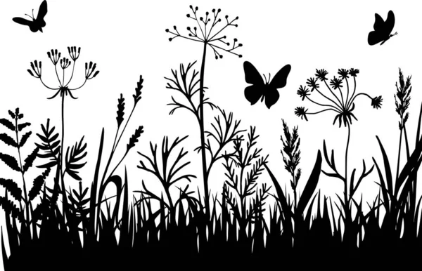 Schwarze Silhouetten von Gras, Blumen und Kräutern. Isoliert. Handgezeichnete Skizzen von Blumen und Insekten. Hintergrund Kräuter natürliche Silhouette. Schmetterlinge und Libellen fliegen über eine blühende Wiese. Vektor — Stockvektor