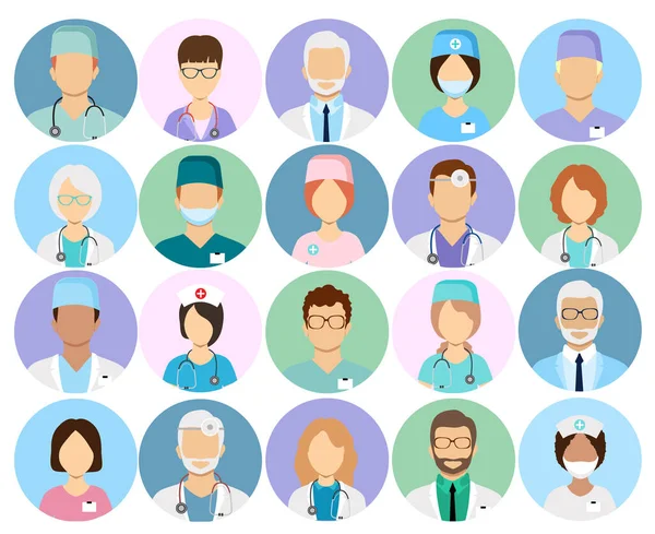 Doctors and nurses profile vector icons. Surgeon and therapist, oculist and nutritionist avatars. Doctors of different ages and nationalities. — Stock Vector