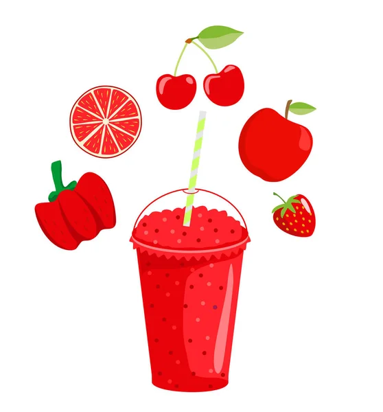 Smoothie de frutas orgânicas com ingredientes de frutas em torno da bebida ilustração vetorial. Batido de fruta dos desenhos animados. Batido vermelho de frutas e bagas. Menu de bebidas, estilo de vida saudável vegan — Vetor de Stock