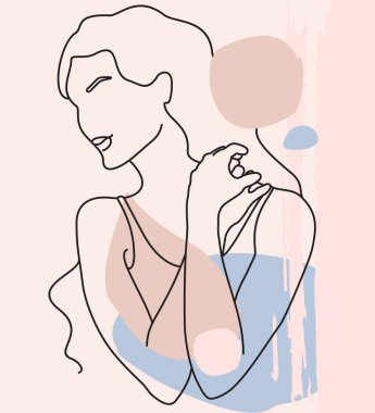Soyut minimalist kadın figürü. Bir çizgi tarzı çizim. Modern moda tarzında, geometrik şekillerin soyut modern kolajı. Bir kadın portresi. Tişört, kartpostal, poster baskısı.