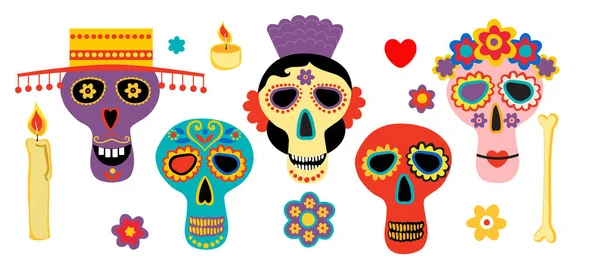 Crânios de dia mortos. Mexicano açúcar ossos da cabeça humana halloween tatuagem dia de los muertos vetor definido. Dia de los muertos. Elementos de design para cartaz, cartão postal, panfleto, banner. Ilustração vetorial — Vetor de Stock