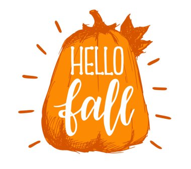 Merhaba Güz - Balkabağıyla sonbahar selamlama mesajı. Tebrik kartı, poster, afiş, tekstil baskısı, ev dekorasyonu için iyi. Merhaba sonbahar desenli turuncu balkabağı arkaplanı. Sonbahar sezonu