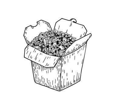 Pirinç kutusu çizimi. Rice Box el logosu çizer. Pirinçli Wok. Çin, Japon mutfağı, hazır yemek. Karidesli ramen, çubuklu Asya udonu. Vektör İllüstrasyonu. İzole edilmiş. Düzenlenebilir Vuruş