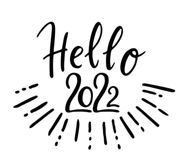 Hola 2022 mano dibujado banner divertido. Concepto de año nuevo. Ilustración vectorial dibujada a mano aislada sobre fondo blanco. — Vector de stock