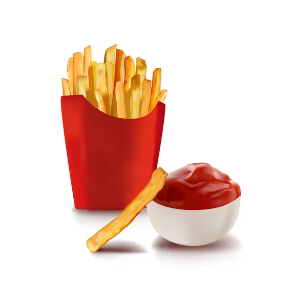 Batatas fritas e molho de tomate ketchup em copo de cerâmica. Batatas fritas assadas em batatas fritas com gordura. Paus amarelos. Comida rápida. Comida saborosa não saudável. Ilustração vetorial naturalista. — Vetor de Stock