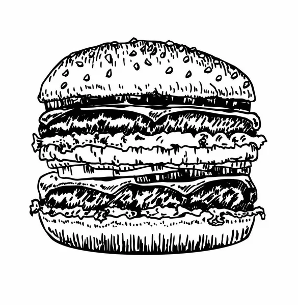 Grote hamburger, met de hand tekenen vector tekening retro stijl. Handgetekende hamburger illustratie. Burger Amerikaanse cheeseburger met sla tomaat kaas rundvlees en saus. Geïsoleerd. Fast Food — Stockvector