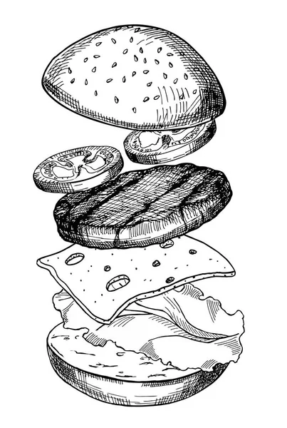 Big burger, hamburger hand drawn vector illustration realistic sketch. Hamburger ingredients with meat, cheese, tomato, salad and buns. Classic burger isolated. Big burger with ingredients. — Stock Vector