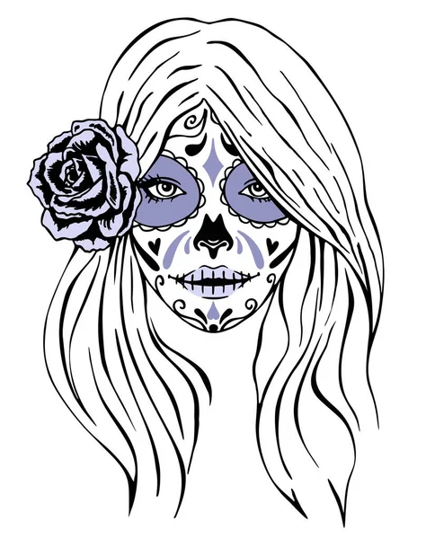 Day of Dead makeup girl face in vintage monochrome style isolated illustration. Girl with skeleton make up black and white style. Hand drawn vector sketch. Santa muerte woman illustration — Stock Vector