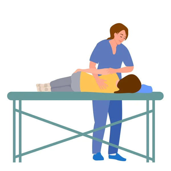 Doctora quiropráctica u osteópata que fija a las mujeres acostadas con los movimientos de las manos durante la visita a la clínica de terapia manual. Quiropráctico profesional durante el trabajo. Ilustración vectorial — Vector de stock