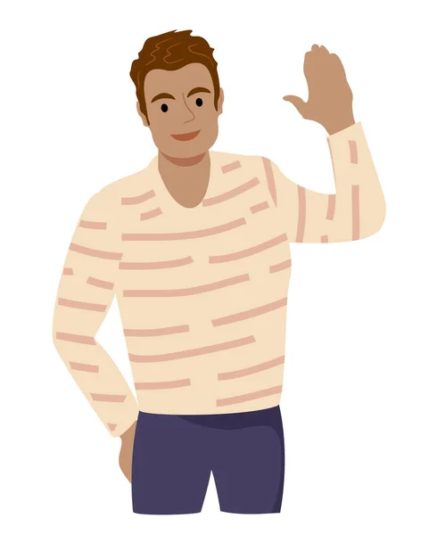 Heerful Man saludando. Un gesto de saludo. Un tipo saludando con la mano. Un hombre sonriente con ropa casual hace un gesto de saludo. El carácter agita su mano. Diseño plano vector ilustración. — Vector de stock