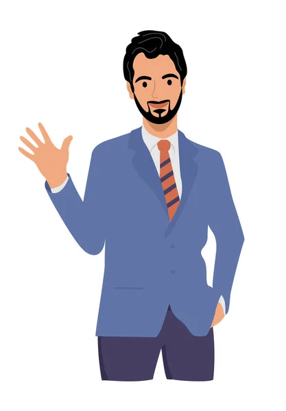 Geweldige zakenman zwaaiend met hallo. Groet gebaar. Guy, de man zwaait met z 'n hand. Zwaai met je hand. Platte ontwerp vector illustratie. — Stockvector