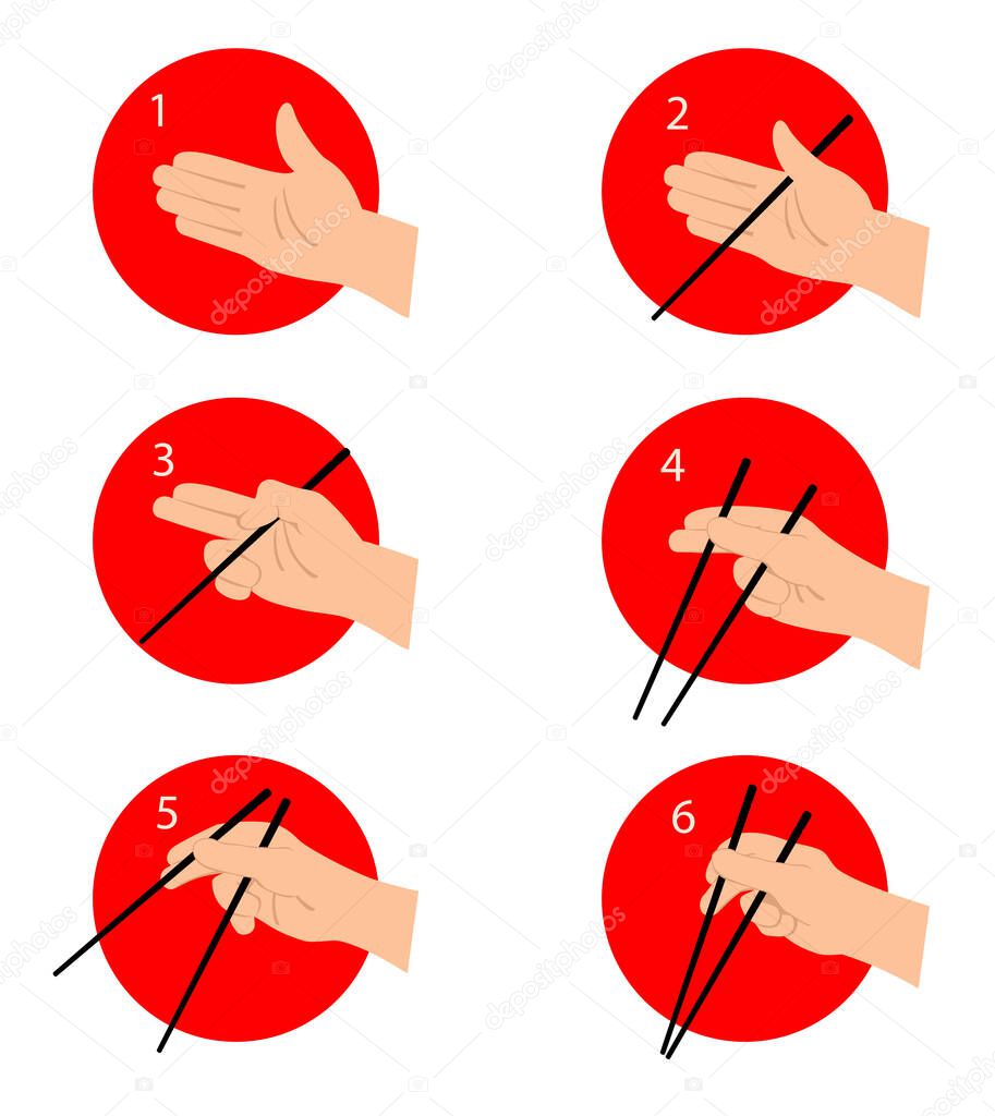 How to use chinese or japanese chopsticks instruction. Eating asian food with special tool guide. Instruction poster for your restaurant business. Hand and finger position. Isolated flat vector