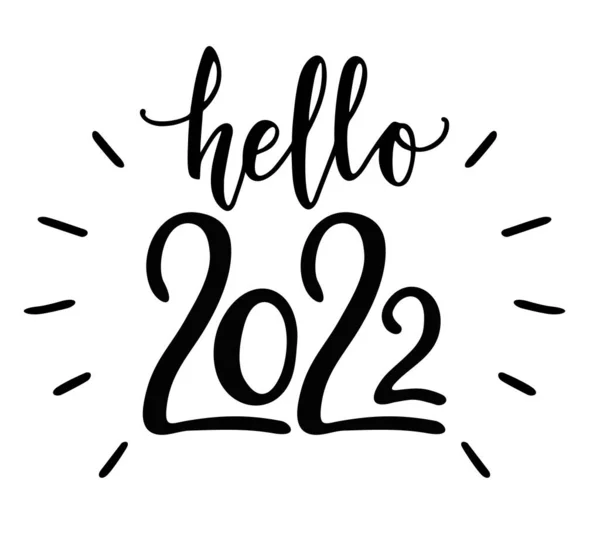 Hola 2022 mano dibujado banner divertido. Concepto de año nuevo. Ilustración vectorial dibujada a mano aislada sobre fondo blanco. — Vector de stock