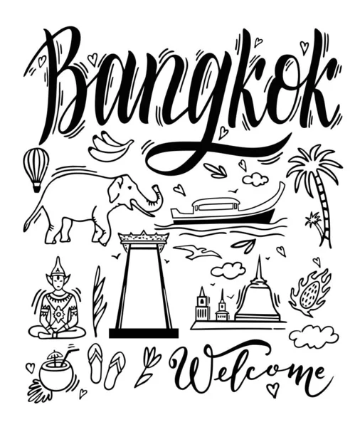 Bangkok, Thailand och landmärken, resa attraktion. Ange vektor symboler för Thailand. Typografi, t-shirt grafik. — Stock vektor