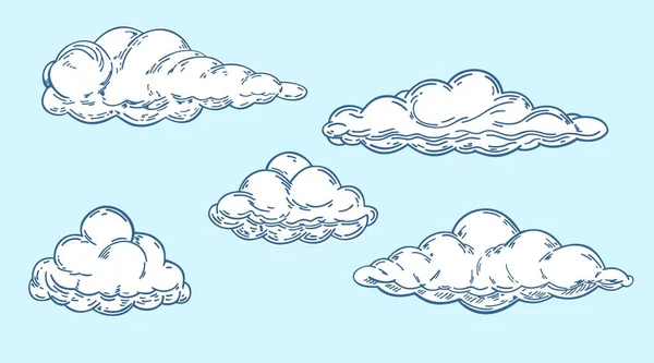 Wolkenset im handgemachten Vintage-Retro-Stil, auf blauem Hintergrund. Zeichentrickdesign-Elemente. Vektorillustration. — Stockvektor