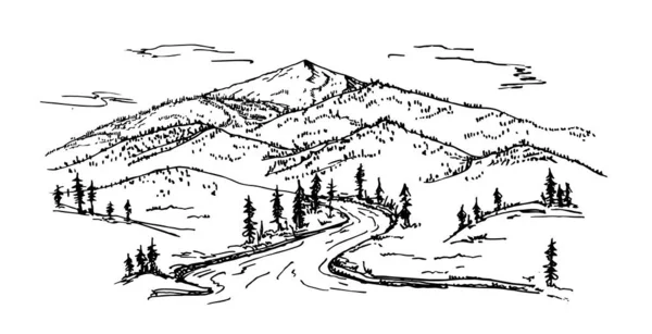 Pemandangan gunung horisontal dengan pohon. Konsep outdoor dan hiking. Gambar tangan panorama gunung. Ilustrasi Vektor Sketch. - Stok Vektor