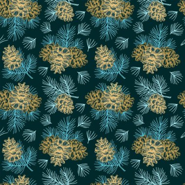 İşleme tarzında kusursuz bir Noel deseni. Eski model. Kozalaklı botanik arka plan, çam kozalakları. Vektör illüstrasyonu.