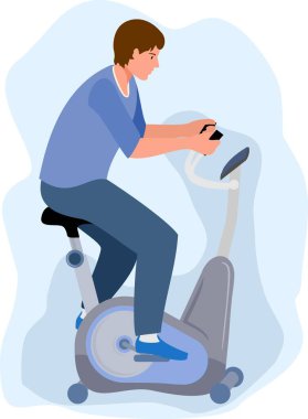 Sabit motorlu bir adam, beyaz arka planda izole edilmiş. Spor, evde ya da spor salonunda ya da rehabilitasyon merkezinde. Spor egzersiz bisikleti. Kardiyo fitness eğitim ekipmanı. Vektör illüstrasyonu