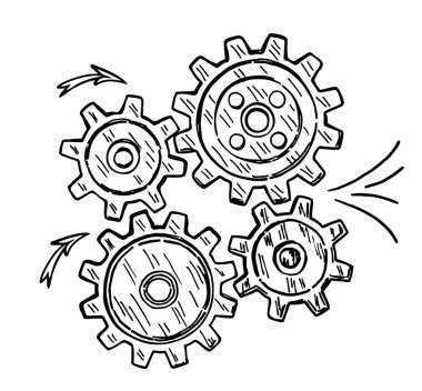 Vitesler bir takım çalışması, fikir ya da çözümü temsil ediyor. Soyut dişli tekerlekleri olan kavramsal vektör. Çizim vektör illüstrasyonu