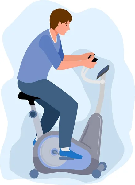 Hombre en una bicicleta estacionaria, aislado sobre fondo blanco. Deportes, Entrenamiento en casa o en el gimnasio o en un centro de rehabilitación. Bicicleta deportiva. Equipo de entrenamiento cardiovascular. Ilustración vectorial — Vector de stock