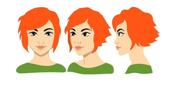 Set of women portrait three different angles. Close-up vector cartoon illustration. Different view front, profile, three-quarter of a girl face. Young beautiful girl portrait. — Stock Vector