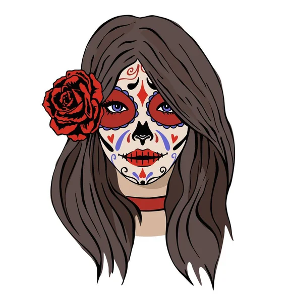 Belle fille avec un maquillage effrayant. La fête du jour des morts. Dia de los muertos. Catrina. Halloween. Belle fille. Affiche Dia de los muertos avec dessin d'illustration vectorielle de crâne de katrina — Image vectorielle