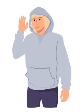 Arkadaşça gülümseyen, el sallayan, merhaba diyen ve mutlu görünen bir gencin portresi. Selamlar, el sallayan jestler, hoş geldiniz arkadaşlar, beyaz arka planda duruyor.