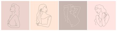 Soyut, minimal kadın figürü. Kadın vücudunun modaya uygun bir şekilde tasvir edilişi. Minimum kadın portresi. Zarif sanat. Posterler, dövmeler, iç çamaşırı mağazalarının logoları.