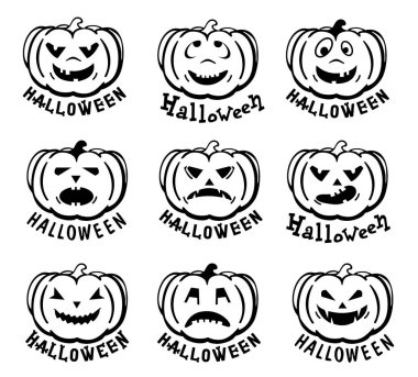 Balkabağı ikonları. Beyaz arkaplanda izole edilmiş siyah balkabağı silueti. Bir dizi duygu simgesi kabağı.