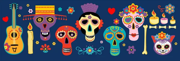 Conjunto de símbolos festivos mexicanos do dia dos mortos, incluindo crânios, velas, instrumento musical ilustração vetorial isolado. Conjunto de Ilustração do crânio de açúcar mexicano. Ilustração vetorial —  Vetores de Stock