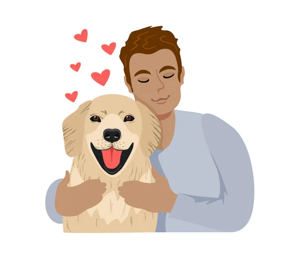 Jovem abraçando cão com amor, amizade relaxante aconchegante de homem e animal de estimação, esboço com corações vermelhos isolados no fundo branco. Rapaz e cachorrinho. Ilustração vetorial —  Vetores de Stock