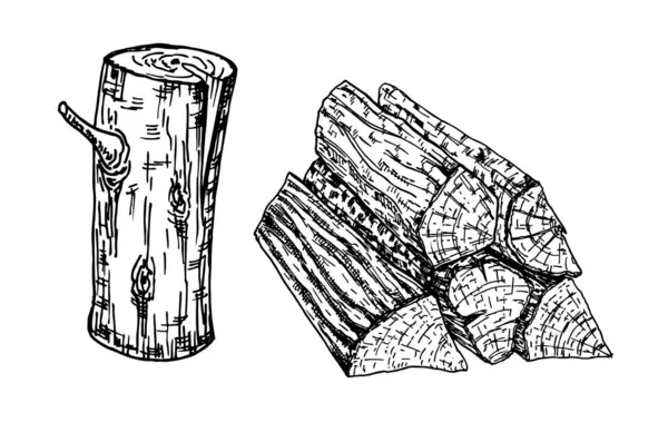 Madera, materiales quemados. Troncos de madera, tronco y tablones, ilustración de bocetos vectoriales. Materiales para la industria de la madera. Leña. Madera aserrada. — Archivo Imágenes Vectoriales