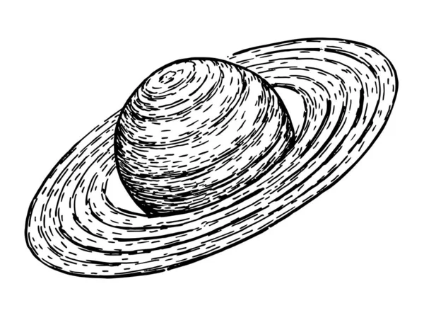 Saturn. Vektorskizze Illustration für Plakate, Dekoration und Druck. Handgezeichnete Skizze eines saturierten Planeten in monochrom isoliert auf weißem Hintergrund. Detaillierte Vintage-Holzschnitt-Zeichnung — Stockvektor