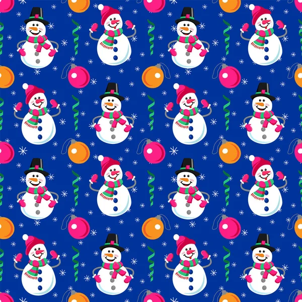 Patrón sin costuras de vacaciones de invierno muñeco de nieve. Alegre muñeco de nieve y bolas de Navidad. Perfecto para papel pintado, papel de embalaje, relleno de patrones, saludos de invierno, fondo de página web . — Vector de stock