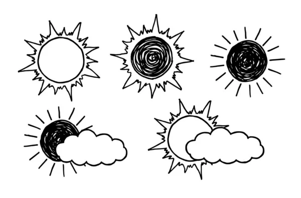 Soleil chaud avec un nuage, illustration, vecteur de croquis sur fond blanc. Nuages et soleil gribouillent les dessins des enfants. Icônes météo. — Image vectorielle