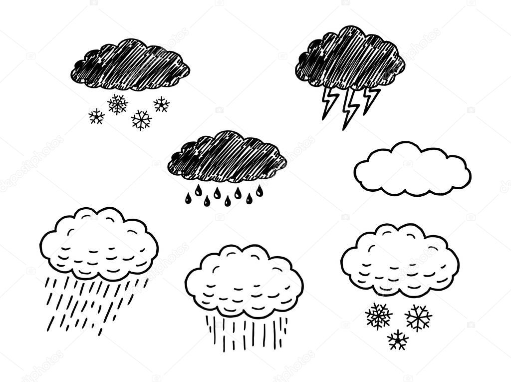 Sketch represents the precipitation in nature in the form of rain, hail, snow. Precipitation vector illustration. Rain and snow symbol. Thunderstorm, snowfall, rain, clouds doodles children s drawings