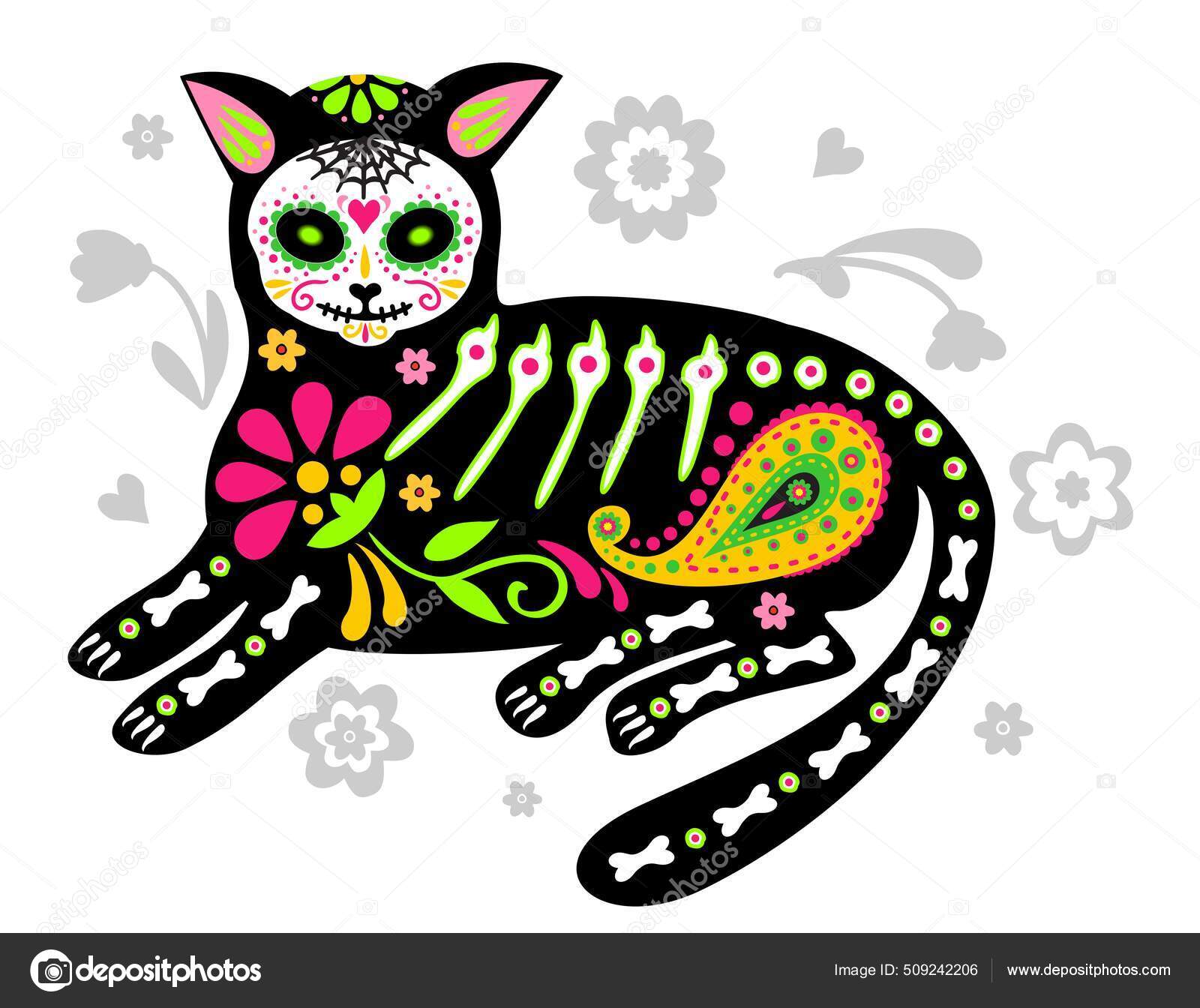 Grußkarte mit Katze, Skelett mit floralen Mustern. Bunte Katzen