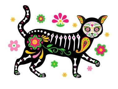 Ölüler günü, Dia de los muertos, şirin kedi kafatası ve renkli Meksika unsurları ve çiçekleriyle süslenmiş iskelet. Fiesta, Cadılar Bayramı, tatil afişi, parti broşürü. Vektör illüstrasyonu