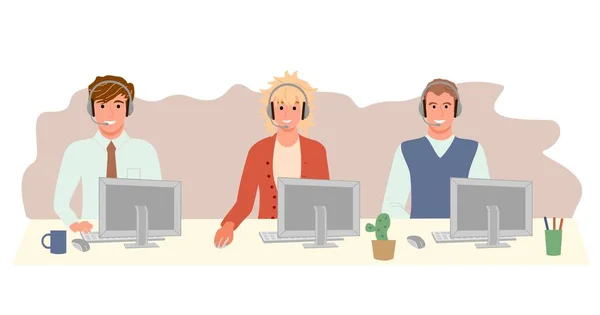 Agenti del Call Center. Call center, illustrazioni vettoriali piatte della linea diretta. impiegati sorridenti con cuffie personaggi dei cartoni animati. Servizio assistenza clienti personale, agenti di telemarketing. — Vettoriale Stock