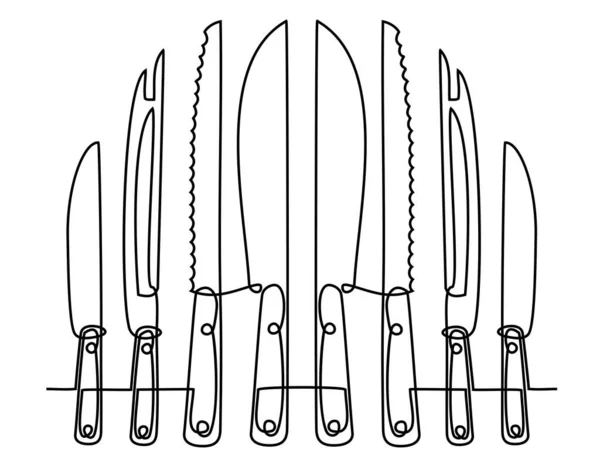 台所用品や調理器具の連続線画。白い背景にセットされた孤立したナイフのイラスト。1本のナイフベクトル — ストックベクタ