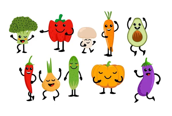Niedliches Obst und Gemüse. Kawaii Gemüse Obst Charakter Zeichentrickset. Clipart für Kinder mit Kawaii-Gesicht. Vektorillustration. — Stockvektor